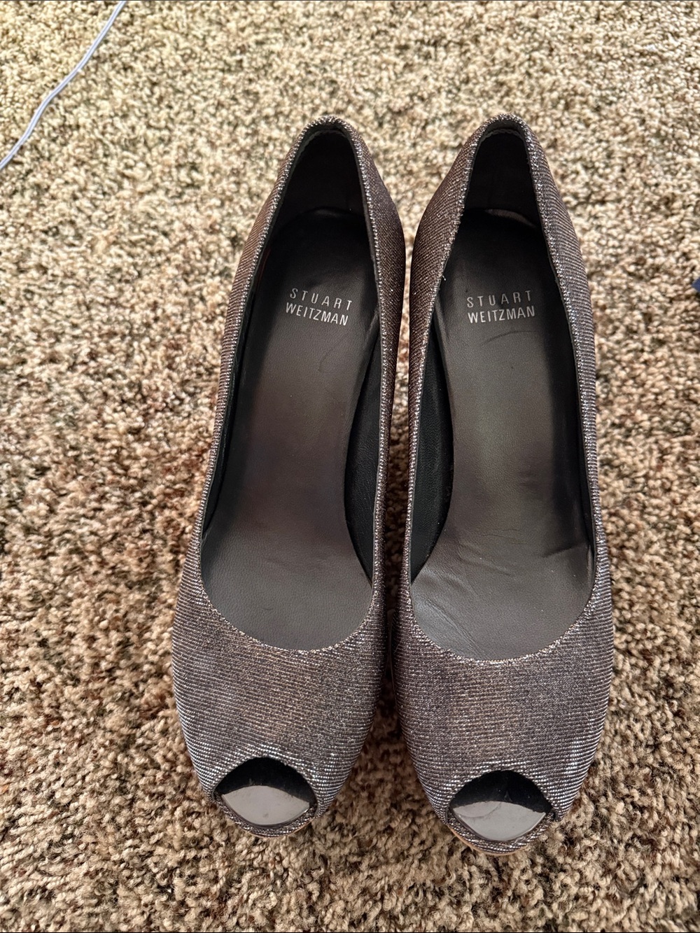 Stuart Weitzman Metallic Charcoal Peep-Toe Wedges